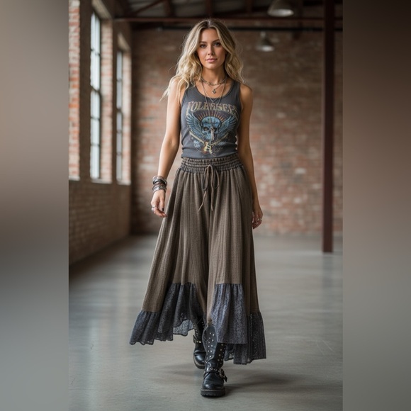 Bluevelvet Pants - NWT Bluevelvet Textured Cotton Gauze Wide Leg Pants with Lace Detail at Hem